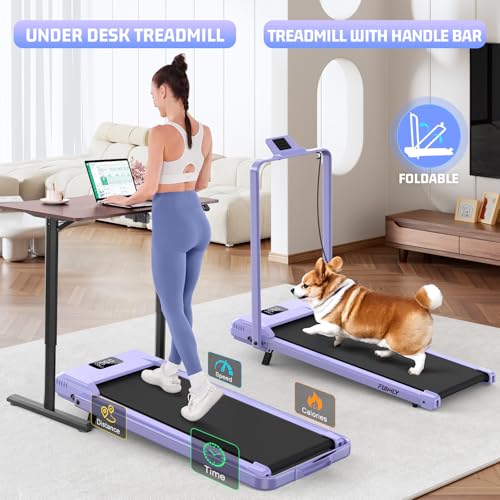 FUNMILY Upgrade Walking Pad Folding Treadmill with 12%/15% Incline & Handle Bar, 3.5HP Foldable Under Desk Compact Treadmills for Home/Office/Gym, 400+lb Capacity, Shock Absorption - color: Noble Purple