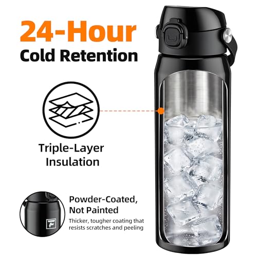 Fanhaw 24oz Stainless Steel Water Bottle with 2-in-1 Lid, Glossy Black - color: Glossy Black