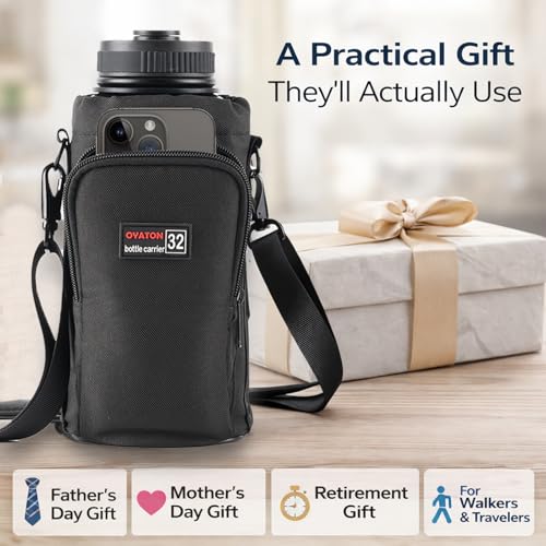 32 oz Insulated Water Bottle Holder with Strap & Pocket for Walking - color: Black-1, size: 32oz