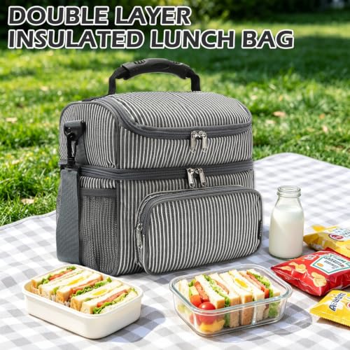 FlowFly Double Layer Cooler Insulated Lunch Bag Adult Lunch Box Large Tote Bag for Men, Women, With Adjustable Strap,Front Pocket and Dual Large Mesh Side Pockets - color: White&Black Stripes
