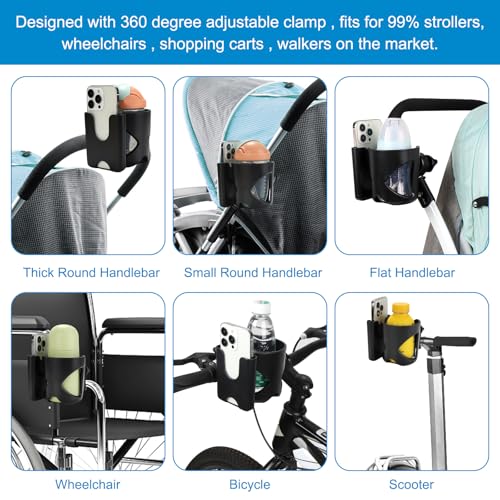 Accmor Stroller Cup Holder, Universal Cup Holder for Walker Wheelchair Bike Scooter, 360° Rotatable Stroller Cup Holder Attachment Walker Wheelchair Accessory - color: Cup Phone Holder-Black