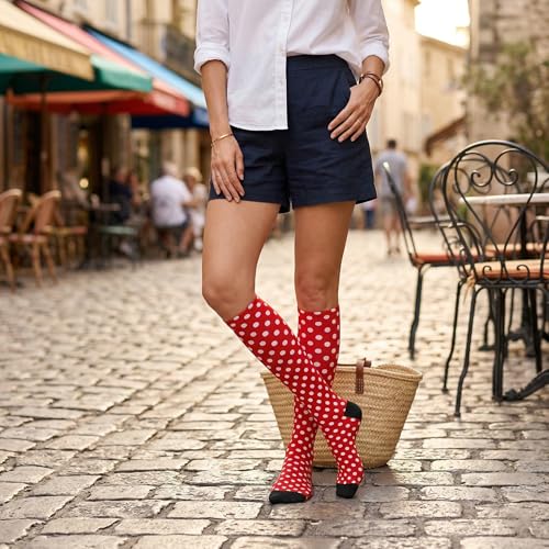 Compression Socks Knee High Support Stockings Women Men - color: Red White Polka Dot
