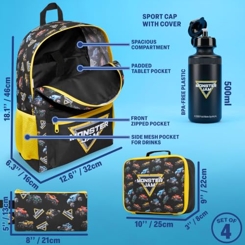 Get Trend Monster Jam Backpack for Boys, 4 Piece Set - color: Black Monster Jam