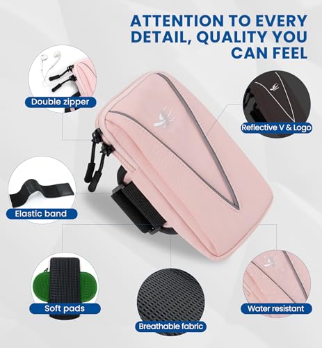HiRui Cell Phone Holder Arm Bag & Wrist Bag for Phone, Sports Running Armband for Gym & Cycling, Compatible with iPhone 17/17Pro/Plus/16/15 Samsung Galaxy All Phones, Reflective & Adjustable (Pink) - color: Pink