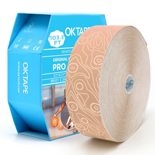 (2in X 103 Feet) OK TAPE PRO Bulk Kinesiology Tape, Original Elastic Latex Free Kinesiology Therapeutic Tape, Free Cut Printed - color: Beige