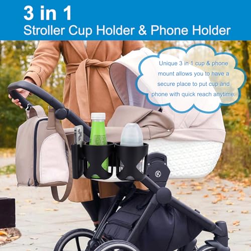 Accmor Stroller Cup Holder, Universal Cup Holder for Walker Wheelchair Bike Scooter, 360° Rotatable Stroller Cup Holder Attachment Walker Wheelchair Accessory - color: Double Cup Phone Holder-Black
