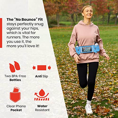 No.1 Hydration Belt by Runtasty - Premium Running Fuel Belt w/2 BPA-Free 10 oz Water Bottles, Tilt-Up Pocket w/Touchscreen-Ready Cover - Fits All iPhones, Runners Ebook & No-Bounce Design - color: Royal Blue