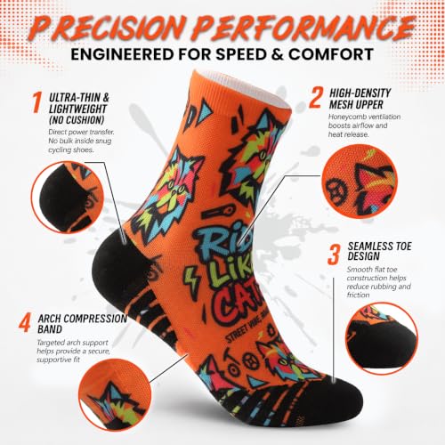 NIcool Cycling Socks For Men, 1/3 Pairs Bright Seamless Compression Running Crew Socks Youth Cushioned Tennis Quarter Socks - color: 1 Pair Bright Orange/Cat Print