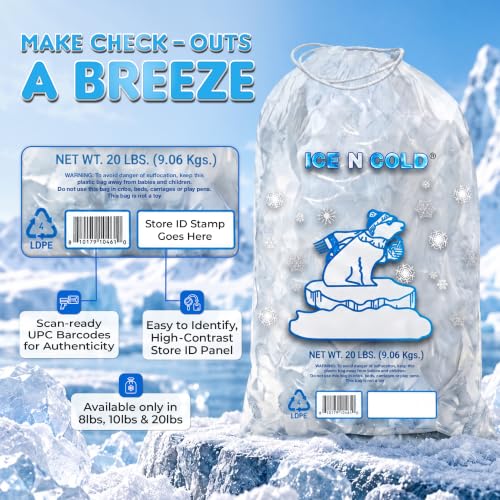 ICE N COLD 10lb Ice Bags (100 ct) with Cotton String | 11" x 19" - size: 10 lb