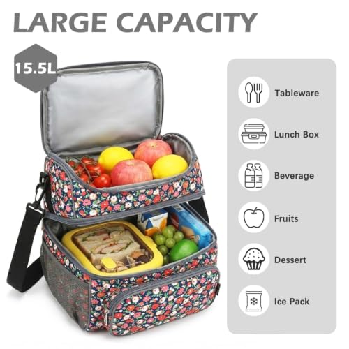 FlowFly Double Layer Cooler Insulated Lunch Bag Adult Lunch Box Large Tote Bag for Men, Women, With Adjustable Strap,Front Pocket and Dual Large Mesh Side Pockets - color: Floral