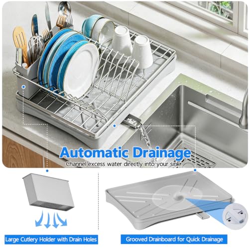 ANTOPY Dish Drying Rack Stainless Steel Dish Rack for Kitchen Counter, Rustproof Dish Drainer with Removable Cutlery Holder Self-Draining Drainboard, Compact Drying Rack Kitchen, 16.5''Lx11.8''W, Gray - style: Counter (Medium)