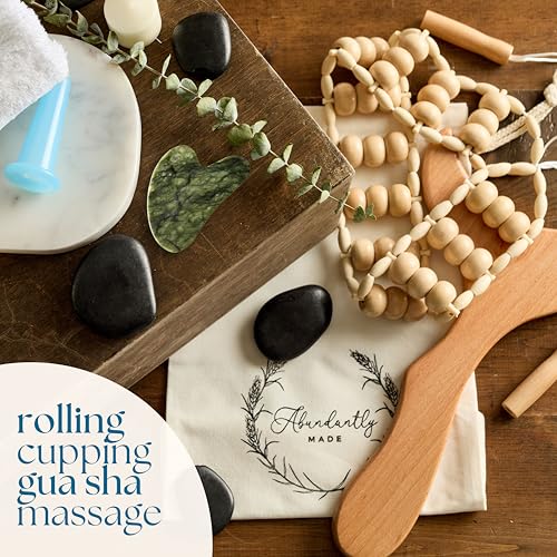 Abundantly Made 6-Piece Lymphatic Drainage Massage Kit | Dry Brush, Wooden Paddle, Rope Roller, Jade Gua Sha, Silicone Cup, Linen Bag & E-Book | Wood Therapy, Maderoterapia & Body Sculpting Tools