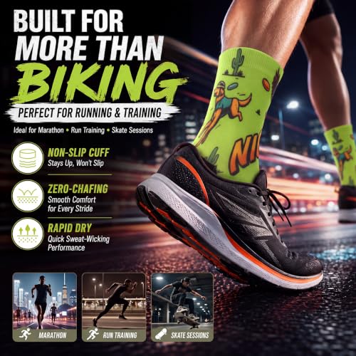NIcool Cycling Socks For Men, 1/3 Pairs Bright Seamless Compression Running Crew Socks Youth Cushioned Tennis Quarter Socks - color: 1 Pair Neon Green/Dog Print