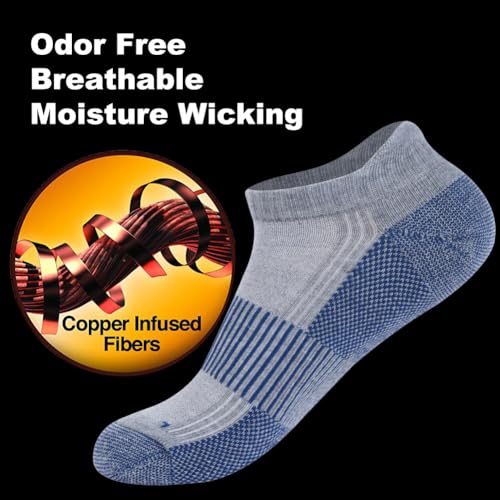 FOOTPLUS Copper Compression Socks,Unisex Cushioned Sole Arch Support Athletic Ankle/Crew Running Hiking Socks - color: 6 Pairs- Grey& Blue, size: Large