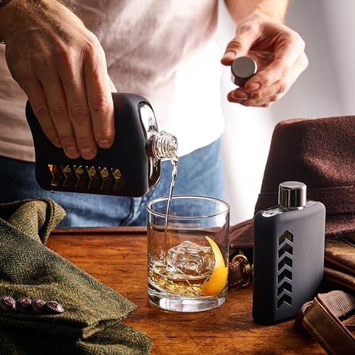 Le’raze Glass Hip Flask Set, Silicone Sleeve | 240ml/100ml Whiskey Bottles for Alcohol Liquor | Leakproof Lids, Funnel | Cute Aesthetic Concert Gift for Men, Women, Black Single Double Shot Canteen - size: 3.4oz. + 8oz.