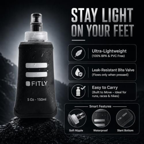 FITLY Soft Flask Running Water Bottle - Collapsible Hydration Flask - color: Black, size: 5 Ounces