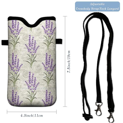 Universal Neoprene Cell Phone Pouch 7.1 X 4 In Mobile Protection Case Bag With Crossbody Strap/Neck Lanyard Purple Lavender Flower Lilac Floral - color: Purple Lavender Flower Lilac Floral