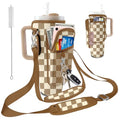 Stanley Carrier Bag for Stanley 40oz/30ozTumbler with Phone with 2 Adjustable Strap,3 Pockets Bottle Stanley Cup Carrier Bag & Case,Accessories for Hiking Travelling - color: Gray and white checkered