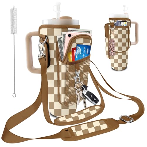Stanley Carrier Bag for Stanley 40oz/30ozTumbler with Phone with 2 Adjustable Strap,3 Pockets Bottle Stanley Cup Carrier Bag & Case,Accessories for Hiking Travelling - color: Gray and white checkered