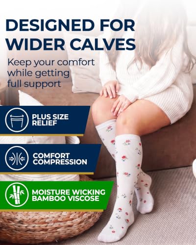 Pembrook® 3 Pairs Plus Size Compression Socks Wide Calf - Bamboo Viscose - color: Little Flowers - 3 Pairs, size: 4X-Large