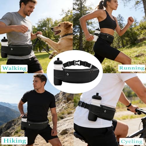 Running Belt with Water Bottle Holder,Large Fanny Pack for Men Women Girls Boys Kids Phone Pouch,Waist Bag Fit Hydration Hiking Runner Workout GYM Sport Travel Walking Slim Flat Bum Bag,Black - color: 01-Black