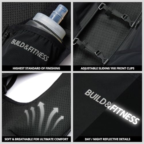 Build & Fitness LITEVEST Running Vest with 2X 500ml Soft Flasks – 7 Pockets, Lightweight, Breathable Hydration Vest – Premium, Secure, Comfort & Style for Training, Trails, Marathons & Everyday Runs - size: L / XL