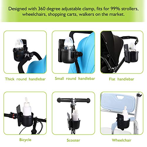 Accmor Stroller Cup Holder with Phone Holder, Bike Cup Holder, Walker Scooter Wheelchair Cup Holder Attachment, Universal Cup Holder for Uppababy Graco Strollers - color: All Black