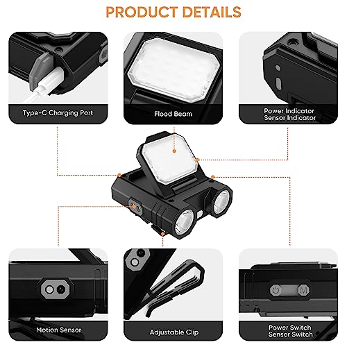 LED Hat Clip Light 400 Lumen Rechargeable Clip on Cap Lights with Motion Sensor, 180° Adjustable Hands Free Hat Flashlight Headlamp for Camping, Fishing, Hiking, Running
