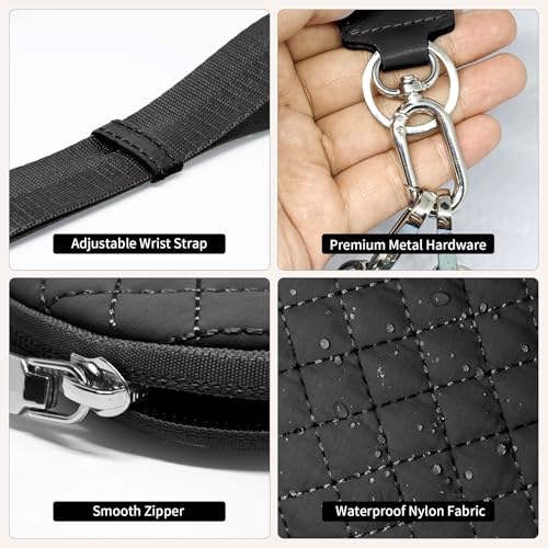 Keychain Wristlet Wallet for Women Zippered Dual Pouch Wristlet Nylon Coin Purse Small Wallet with Key Ring - color: Quilted-black