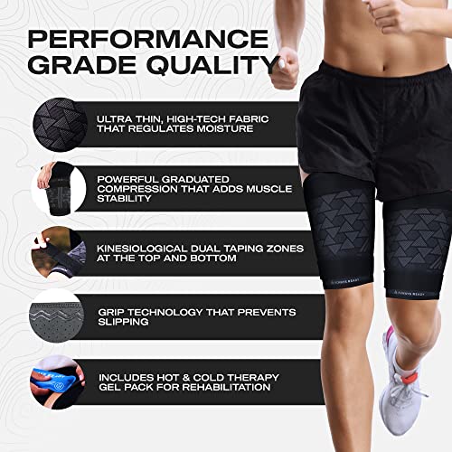 Always Ready, Thigh Compression Support Sleeve (2 Per Pack) with Hot & Cold Gel Pack for Hamstring & Quadricep Muscle Strains & Injury, Men & Women, Two Adjustable Compression Straps, Non-Slip (M) - size: M