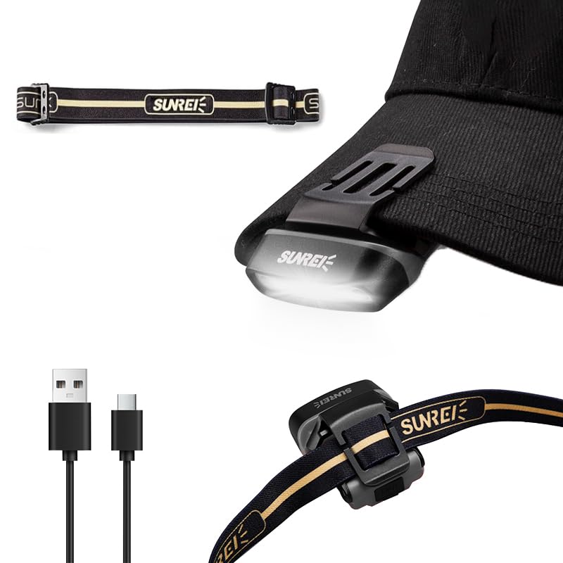 SUNREI Rechargeable Motion Sensor Clip on Hat Light with 150 Lumen & 600 mAh Headlamp, Rotatable Headlamp Flashlight for Fishing Camping Running Hand Work, Include Headband (Gary) - size: H150-gary