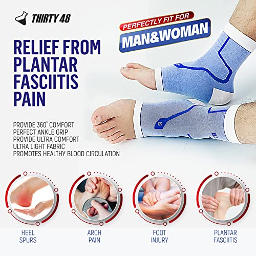 Thirty48 Plantar Fasciitis 20-30 mmHg Ankle Compression Socks, Foot Brace - color: Blue (1 Pair), size: Small