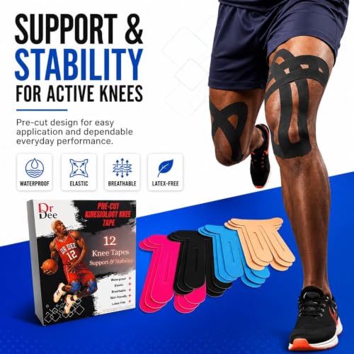 Pre-Cut Kinesiology Tape for Knees 12 Pcs Athletic Support Stability Tape - style: Knee Tape