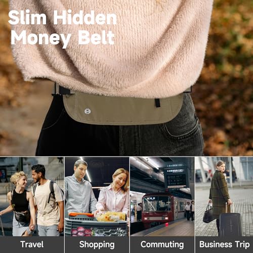 FuninCrea Waterproof Hidden Money Belt for Travel, Anti-Theft Belt Bag with RFID Blocking Function Adjustable Slim Waist Bag with 2 Zipper Pockets and 1 Back Pocket for Travel Running (Style 2, Khaki) - color: Style 2, Khaki