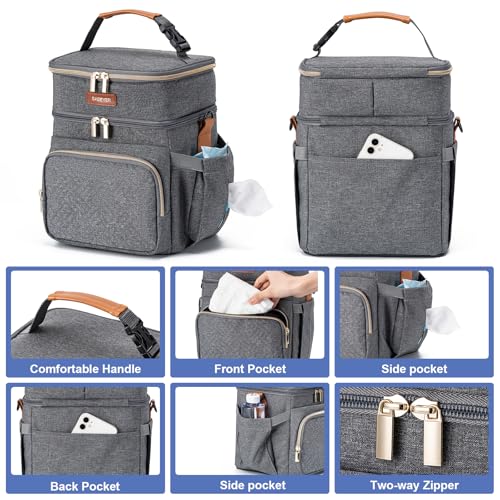 Breastmilk Cooler Bag with Ice Pack Fits 6 Baby Bottles Up to 9 Ounce, Double Deck Leak-Proof Baby Bottles Bag with Shoulder Strap for Nursing & Working Mom, - color: Grey with pocket