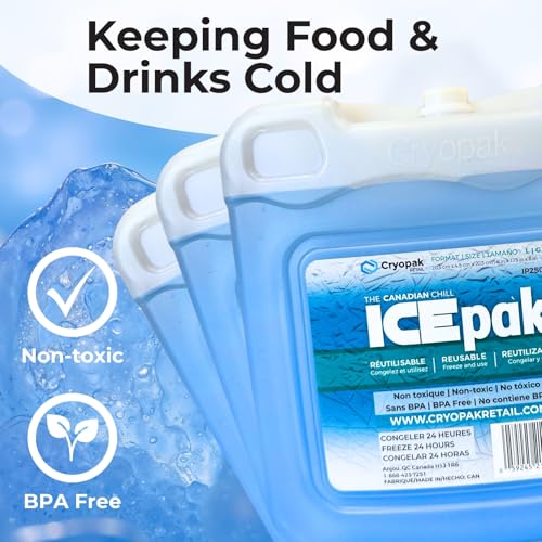 Cryopak ICEpak Hard Shell Reusable Ice Packs for Coolers and Lunch Box Use, Freezer Safe Gel Design, Professional Grade Cooling, Non-Toxic and BPA Free, Essential Travel Accessories - size: Large (3 Pack)