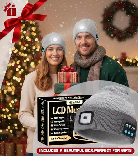 HEYAXA Bluetooth Beanie Hat, USB Rechargeable 4 LED Wireless Music Running Headlamp Cap, Dad Gifts for Husband, Dad, Birthday Gifts for Men, Dad, Father, Women, Him, Her, Grey - color: Gray