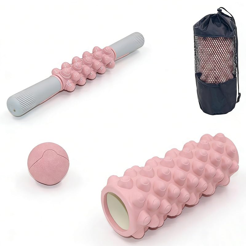 4 in 1 Foam Roller Set, Trigger Point Foam Roller with Massage Stick & Massage Ball, Deep Tissue Muscle Massage Tool for Pilates Yoga Fitness Full Body Relaxation - color: Pink