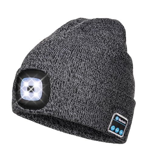 Wmcaps Bluetooth Beanie with LED Light and Headphones, Christmas Tech Gifts - color: Black Grey Blend