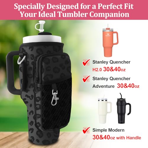 Stanley Carrier Bag for Stanley 40oz/30ozTumbler with Phone with 2 Adjustable Strap,3 Pockets Bottle Stanley Cup Carrier Bag & Case,Accessories for Hiking Travelling - color: Leopard Print Black