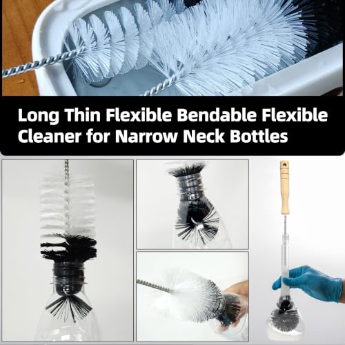 2 Pcs Bottle Brushes Set with Wooden Handle, Long Thin Flexible Cleaner - size: 14.8" standard