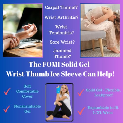 FOMI Wrist Solid Gel Ice Pack | Hot Cold Hand and Thumb Compression Sleeve Wrap for Carpel Tunnel, Arthritis, Tendonitis, Bruises, Swelling, Sports Injuries Pain Relief (Blue - Large/XLarge) - color: Blue - Large/Xlarge