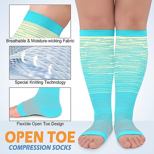 CTHH Toeless Compression Socks for Women & Men Open Toe Knee High Stocking - color: Yellow/Blue/Pink, size: Small-Medium