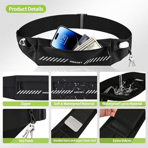 Slim Running Belt Fanny Pack for Men Women, Running Phone Holder, Waist Pack Runners Bag Money Belt with 3 Separate Pouch to Store Your Phone Key Money Safe, Waist Bag-Black - color: Black