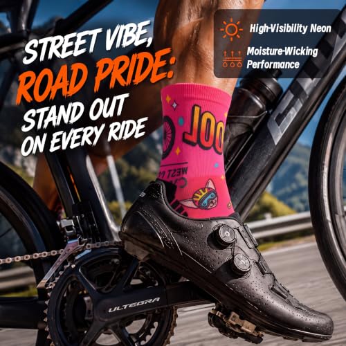 NIcool Cycling Socks For Men, 1/3 Pairs Bright Seamless Compression Running Crew Socks Youth Cushioned Tennis Quarter Socks - color: 1 Pair Hot Pink/Bike Print