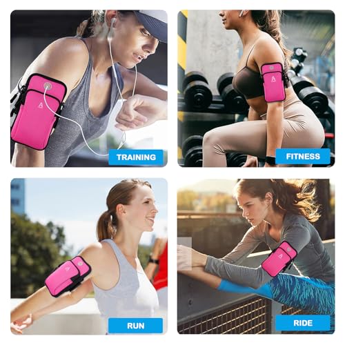 Sports Armband, Running Gym Universal Smartphone Arm Bag with Earphone Hole Multifunctional Pockets foriPhone 15, 14, 13, 12, 11 Pro Max, Xs, Xr, X, 8 Plus, SE, Galaxy S22 Ultra and More - color: Rose Red