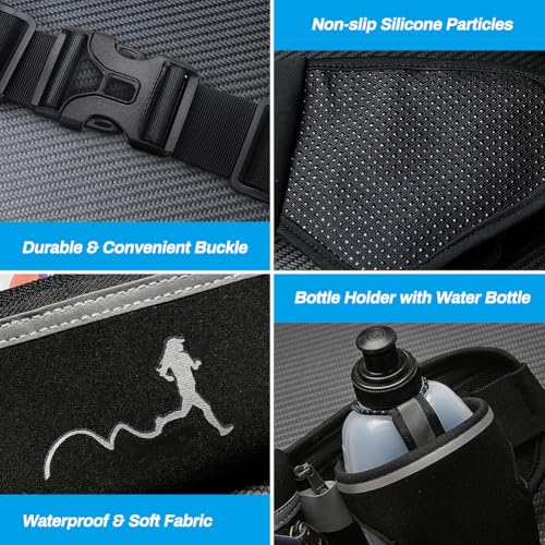 Hydration Running Belt with Water Bottles(2 x 300ML), Luckit Nylon Webbing Running Waist Bag Reflective Bum Bag Adjustable Sports Waist Pouch for Marathon Running Hiking Camping Jogging (Black) - color: Black