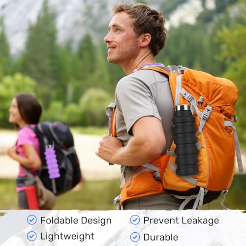 Collapsible Water Bottles, 16oz Foldable Silicone Travel Water Bottle with Carabiner, Wide Mouth, Leak-Proof, BPA-Free for Hiking, Camping, Travel - Yellow - color: Yellow, size: 16 Ounces