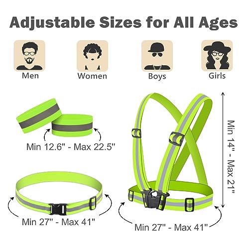 Reflective Running Gear Reflective Vest & Reflective Armband & Reflective Belt 3 Pcs Set, High Visibility Reflective Gear Night Cycling Walking Safety Vest Straps for Men Women Kids - color: Green