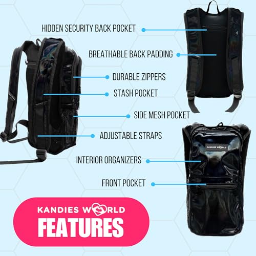 Kandies World Reflective Festival Hydration Pack - 2L Hydropack for Raves, Hiking, Biking, Running, and More (with Anti-Theft Pocket) - style: Black